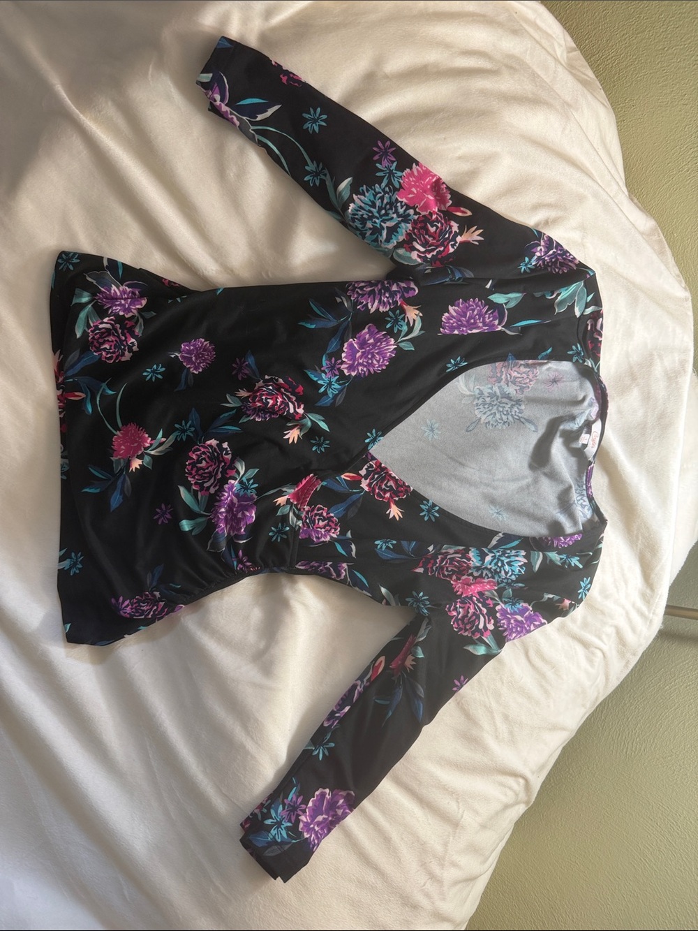 Candie's Black Long-Sleeve Floral Top with Pink & Purple Blooms